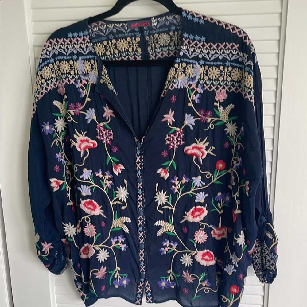 Johnny Was Blue Embellished Blouse with Mandarin Collar